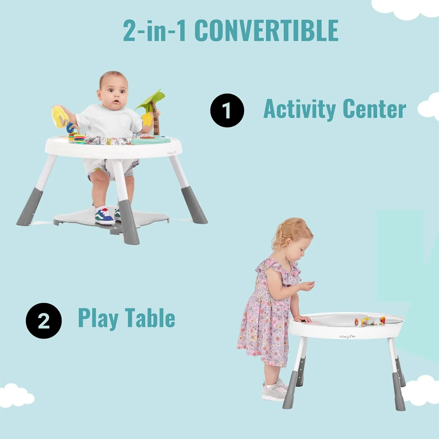 Dream On Me Curio Sit N Seek Baby Activity Center in Grey, 2 in 1 Activity Center and Play Table with 3 Detachable Toys and Music, 3 Level Height Adjustable Positions Activity Center for Baby