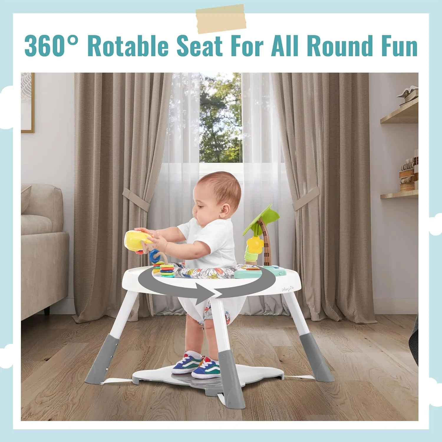 Dream On Me Curio Sit N Seek Baby Activity Center in Mint, 2 in 1 Activity Center and Play Table with 3 Detachable Toys and Music, 3 Level Height Adjustable Positions