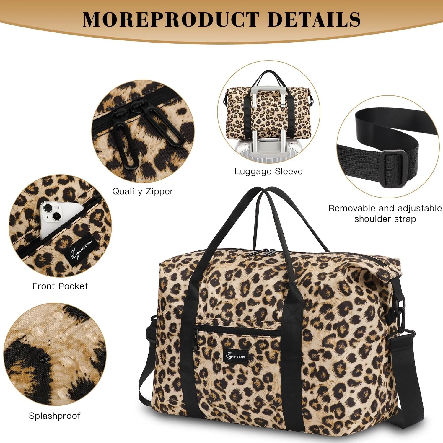 Duffle Bag for Travel Foldable Leopard Print Carry on Travel Bag, Small Medium Weekender Overnight Bags for Women, 40L Waterproof Sport Gym Bag for Men with Computer Compartment (Leopard print)