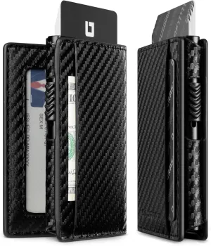 DUGRAFT Mens Bifold Card Holder with Aluminum POP UP Credit Card Ejector RFID Blocking, ID Window and 2 Extra Card Slots, Gift Box Packed, Carbon Fiber Black