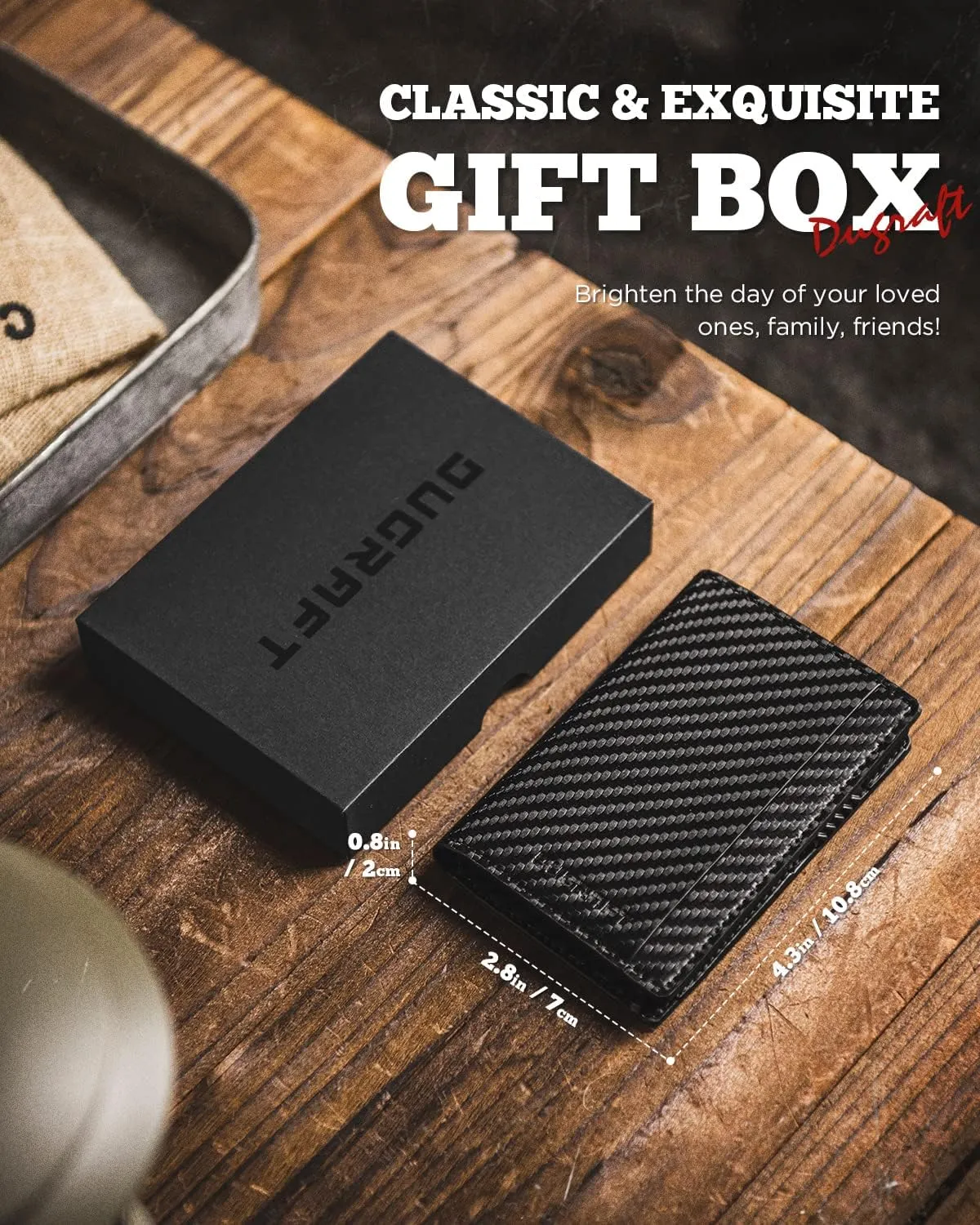 DUGRAFT Mens Bifold Card Holder with Aluminum POP UP Credit Card Ejector RFID Blocking, ID Window and 2 Extra Card Slots, Gift Box Packed, Carbon Fiber Black