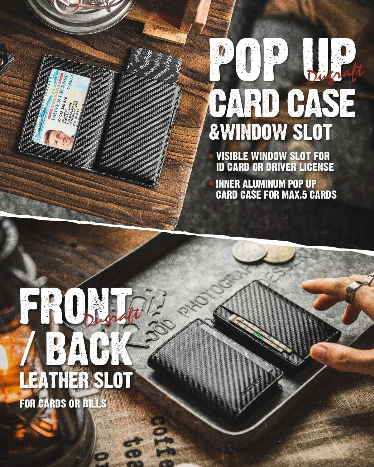 DUGRAFT Mens Bifold Card Holder with Aluminum POP UP Credit Card Ejector RFID Blocking, ID Window and 2 Extra Card Slots, Gift Box Packed, Carbon Fiber Black