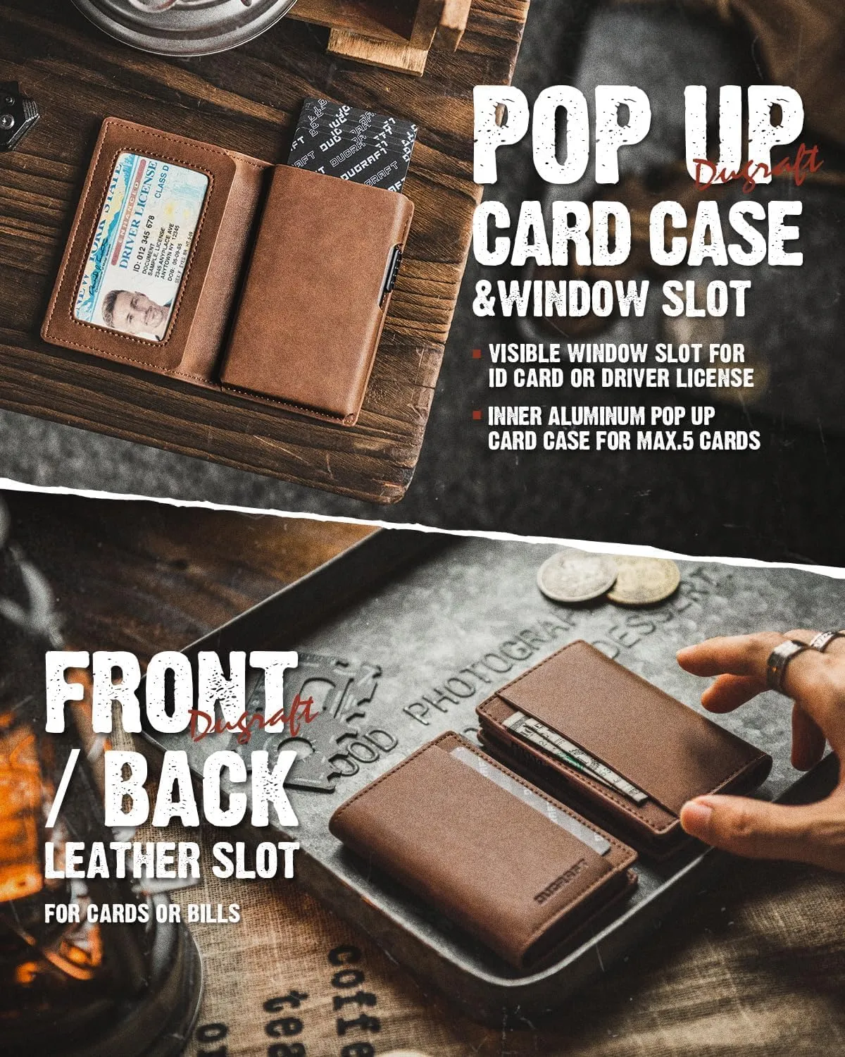 DUGRAFT Mens Bifold Card Holder with POP UP Credit Card Ejector RFID Blocking, ID Window and 2 Extra Card Slots, Gift Box Packed, Brown