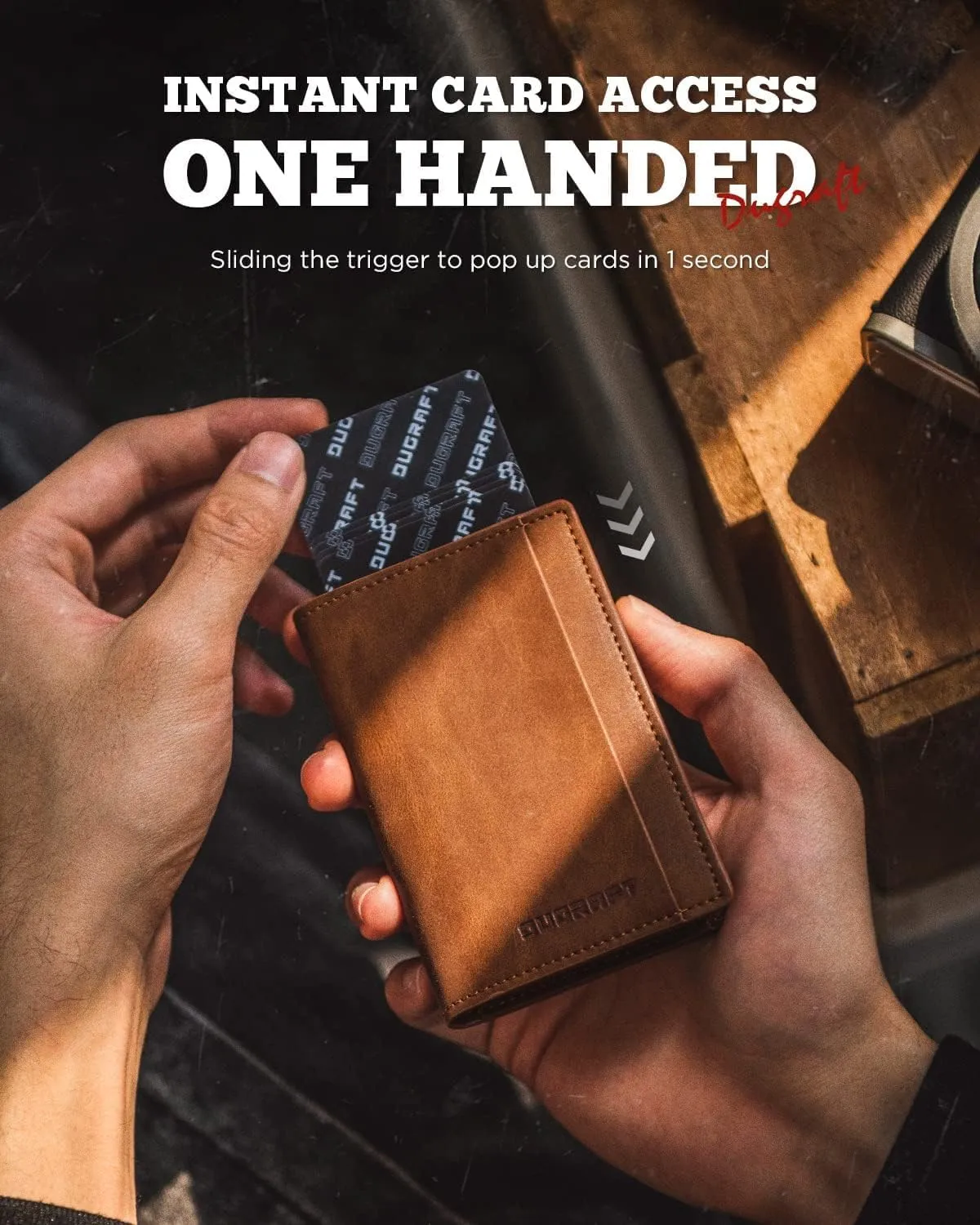 DUGRAFT Mens Bifold Card Holder with POP UP Credit Card Ejector RFID Blocking, ID Window and 2 Extra Card Slots, Gift Box Packed, Brown