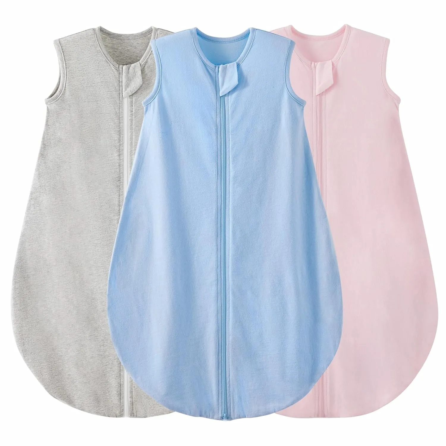 Duomiaomiao 3 Pack Baby Sleep Sack 100% Organic Cotton Lightweight Breathable Comfy Toddler Sleeping Sack (0.5tog Gray&Blue&Pink, Medium)