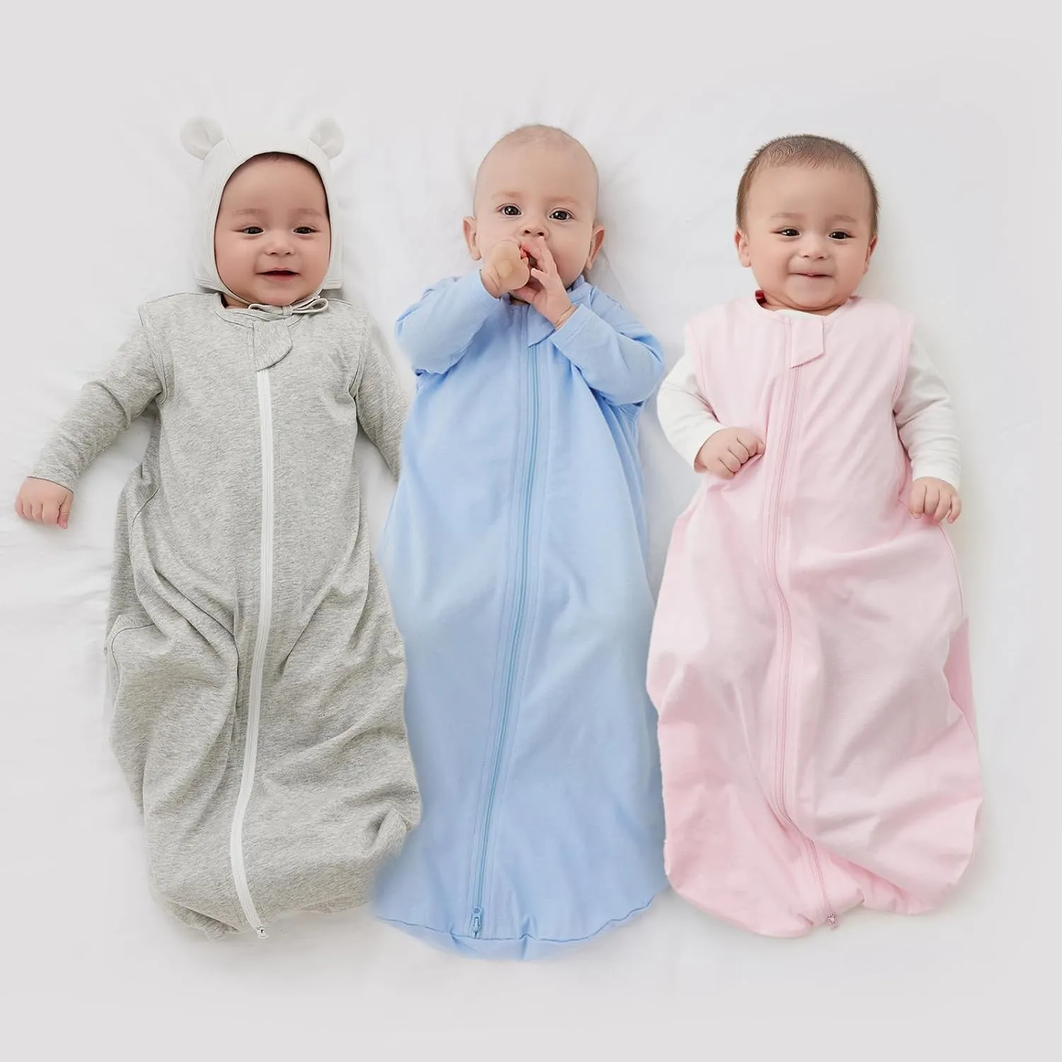 Duomiaomiao 3 Pack Baby Sleep Sack 100% Organic Cotton Lightweight Breathable Comfy Toddler Sleeping Sack (0.5tog Gray&Blue&Pink, Medium)