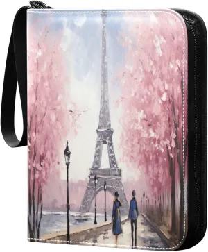 Eiffel Tower Painting Card Binder with 50 Removable Page Sleeves PU Leather Collectible Trading Card Albums Book with Zipper for Games Card,Baseball Cards