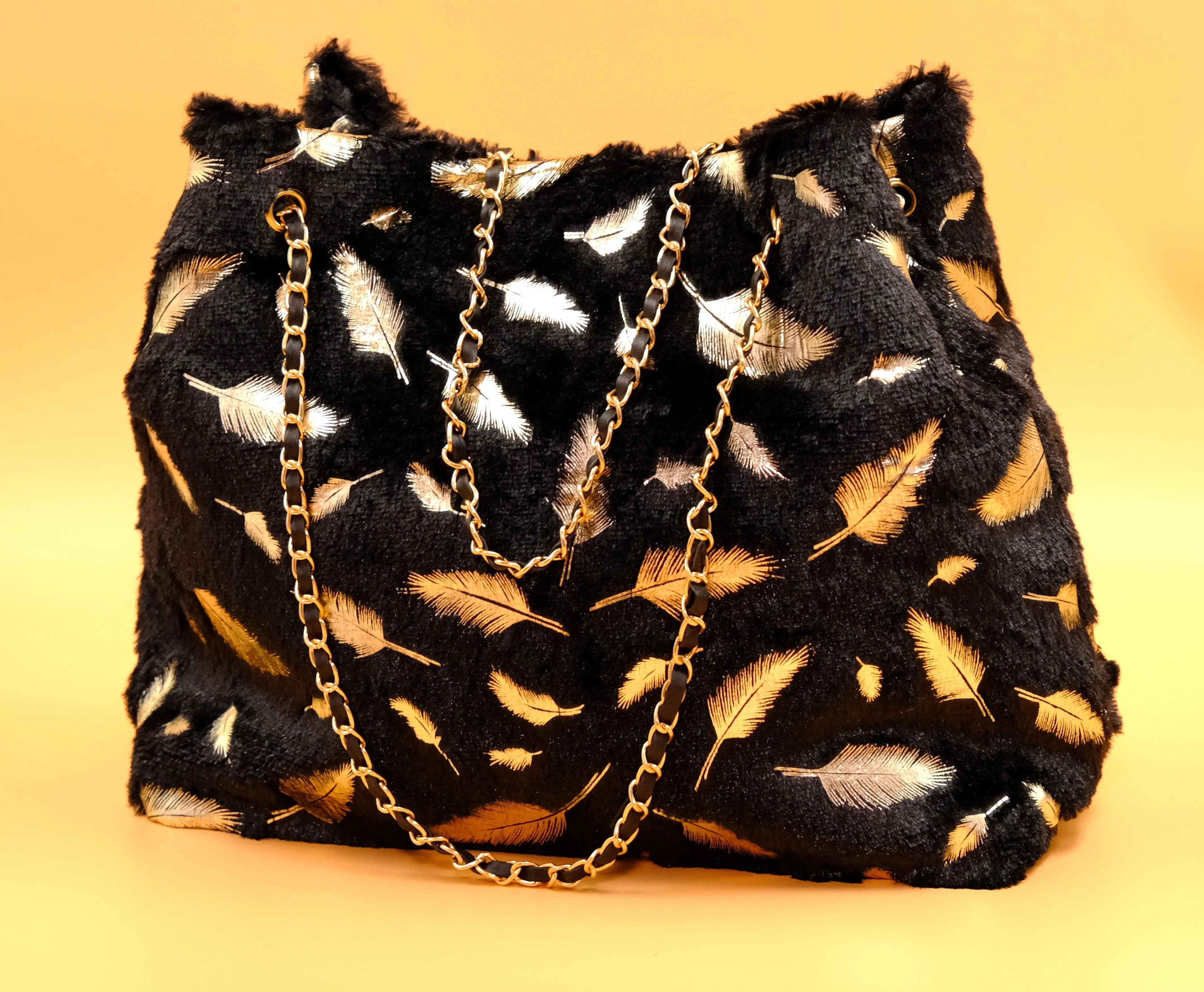 Elegant Black Faux Fur Tote Bag with Gold Feather Accents