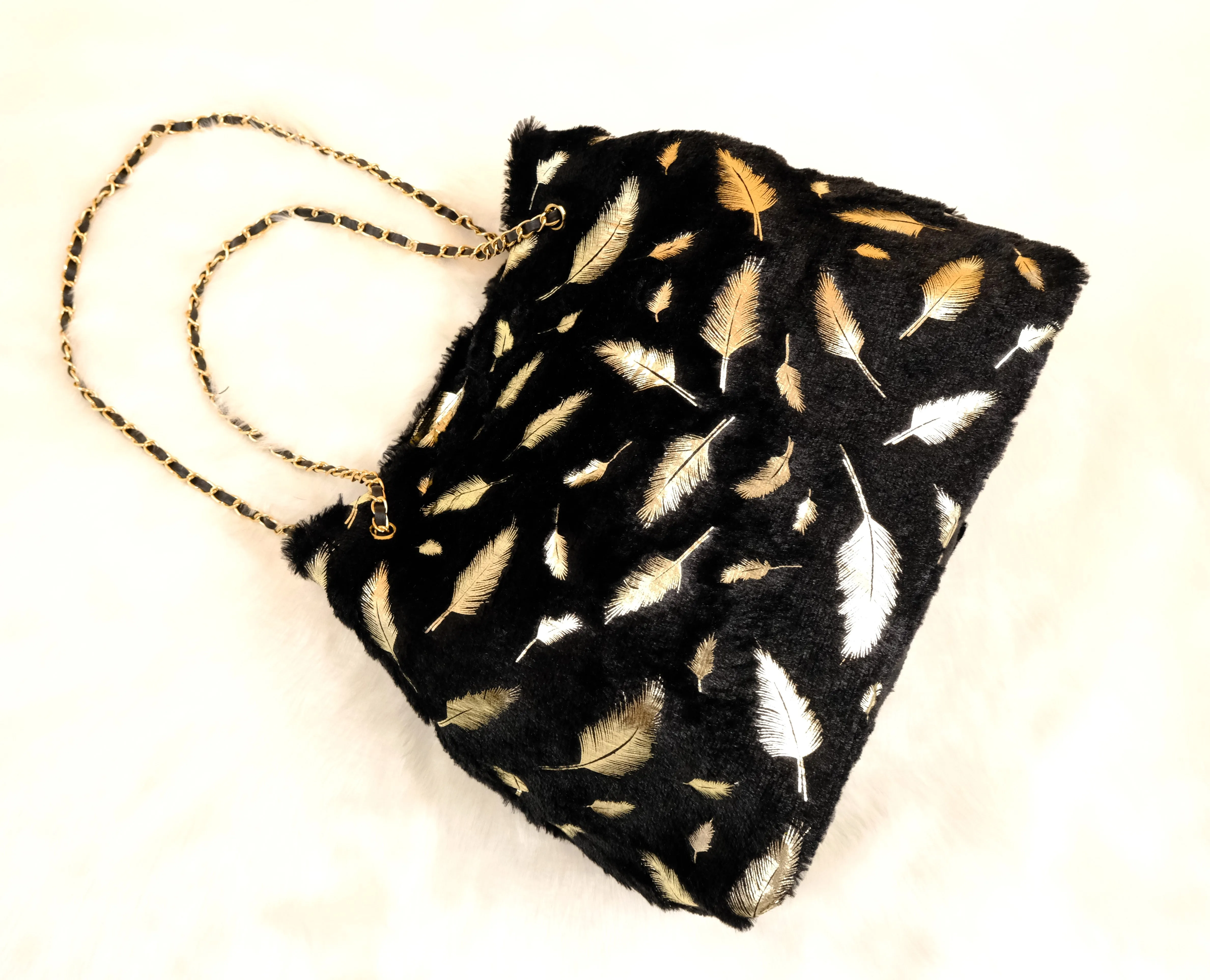 Elegant Black Faux Fur Tote Bag with Gold Feather Accents