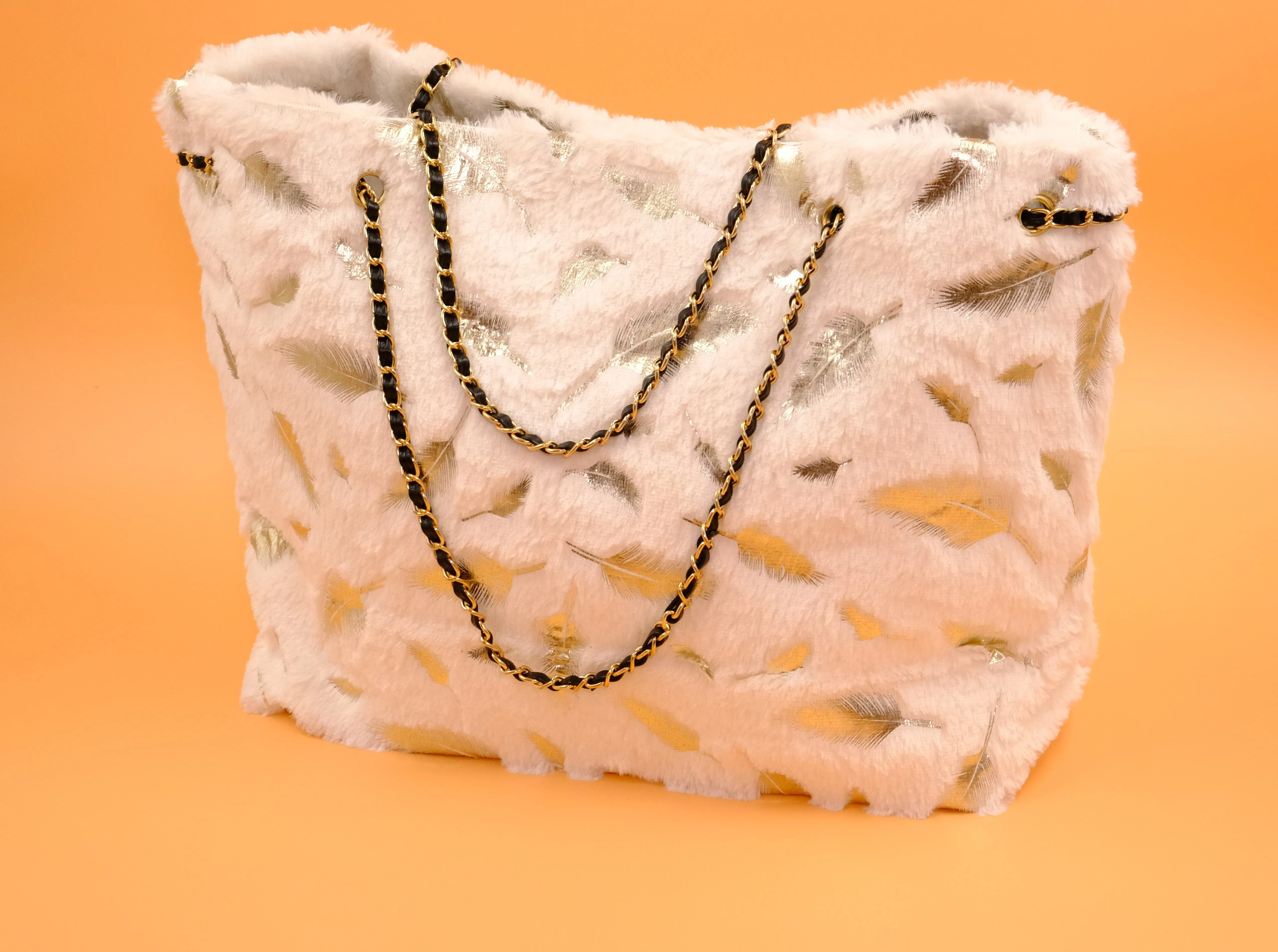 Elegant Black Faux Fur Tote Bag with Gold Feather Accents