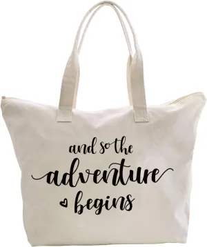 ELEGANTPARK Bridal Shower Gifts for Bride Bag Bride to Be Gifts Honeymoon Wedding Engagement Graduation Present And so the Adventure Begins Tote with Zipper and Pocket Canvas