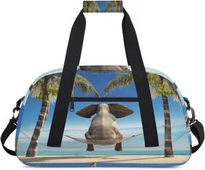 Elephant Gym Duffel Bag for Men Women Sandy Beach Palm Tree Sports Tote Bag with Adjustable Shoulder Strap for Dance Gymnastics Traveling Outdoor Camping Overnight Stay