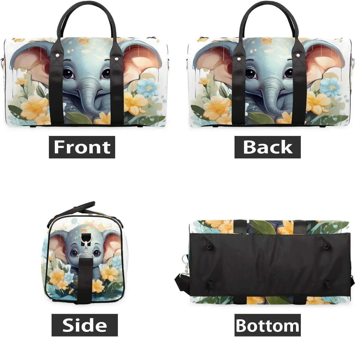 Elephant Printed Travel Duffel Bag for Women Men Waterproof Foldable Overnight Weekender Bag Large Capacity Sports Gym Bag
