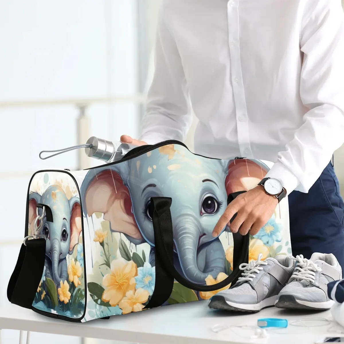 Elephant Printed Travel Duffel Bag for Women Men Waterproof Foldable Overnight Weekender Bag Large Capacity Sports Gym Bag