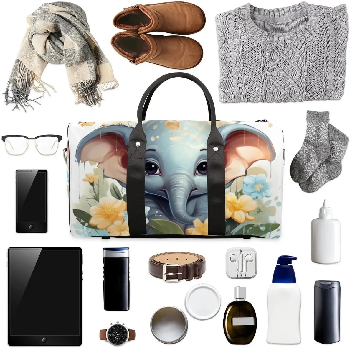 Elephant Printed Travel Duffel Bag for Women Men Waterproof Foldable Overnight Weekender Bag Large Capacity Sports Gym Bag