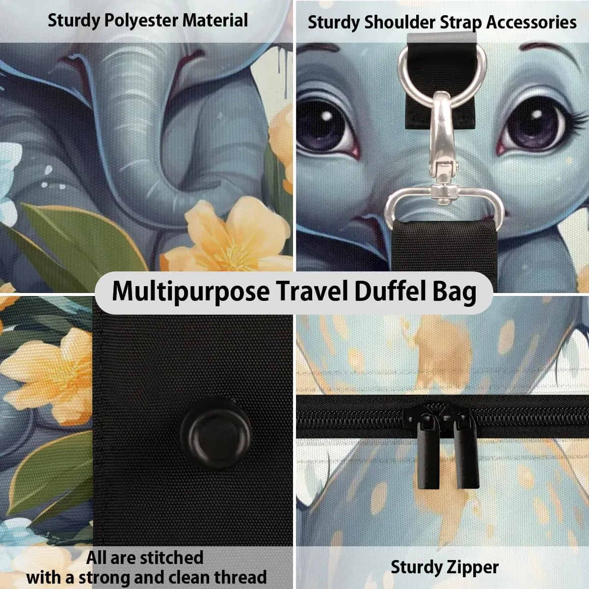 Elephant Printed Travel Duffel Bag for Women Men Waterproof Foldable Overnight Weekender Bag Large Capacity Sports Gym Bag