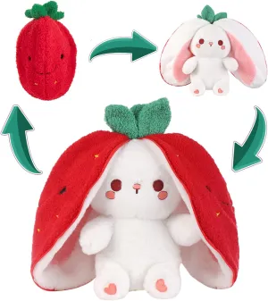Emoin Bunny Stuffed Animal Reversible Cuddle Strawberry Bunny Plush Transformed Rabbit Toy Plush with Zipper Easter Bunny Plushies Gifts for Baby Boys Girls-7Inch