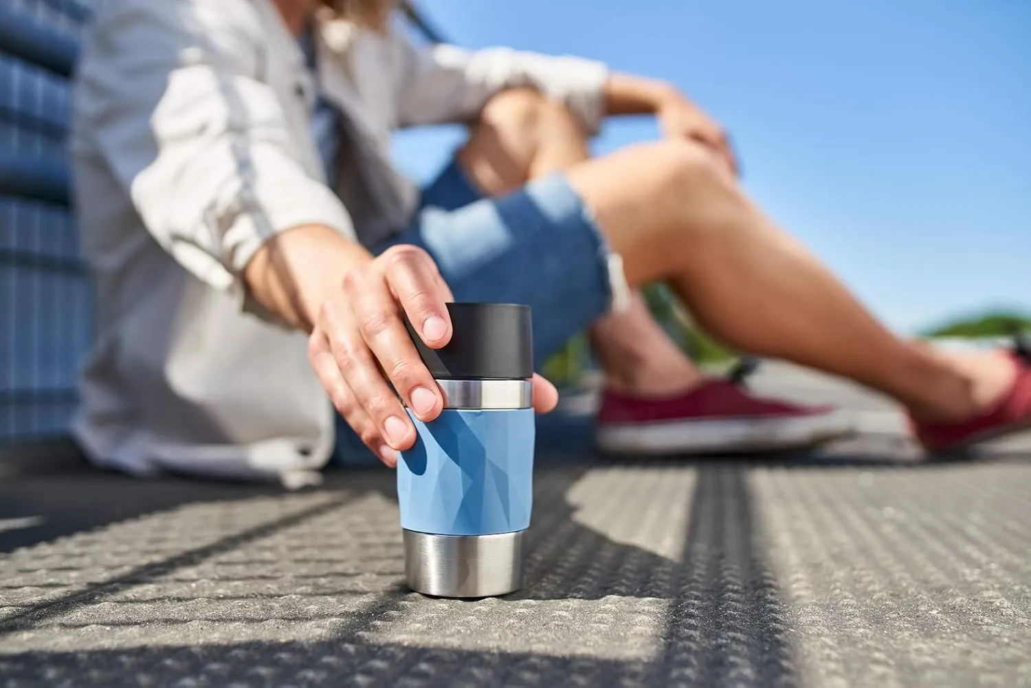 Emsa N21602 Travel Mug Compact Thermo/Insulated Stainless Steel Mug 0.3 Litres Hot 4 Hours Cold 8 Hours BPA Free 100% Leak Proof Dishwasher Safe 360° Drinking Opening Blue