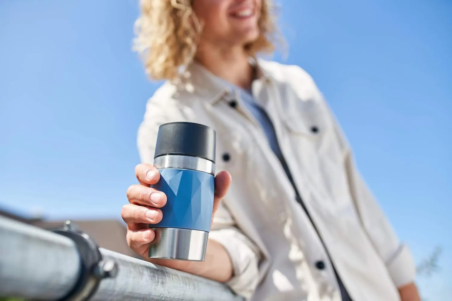 Emsa N21602 Travel Mug Compact Thermo/Insulated Stainless Steel Mug 0.3 Litres Hot 4 Hours Cold 8 Hours BPA Free 100% Leak Proof Dishwasher Safe 360° Drinking Opening Blue