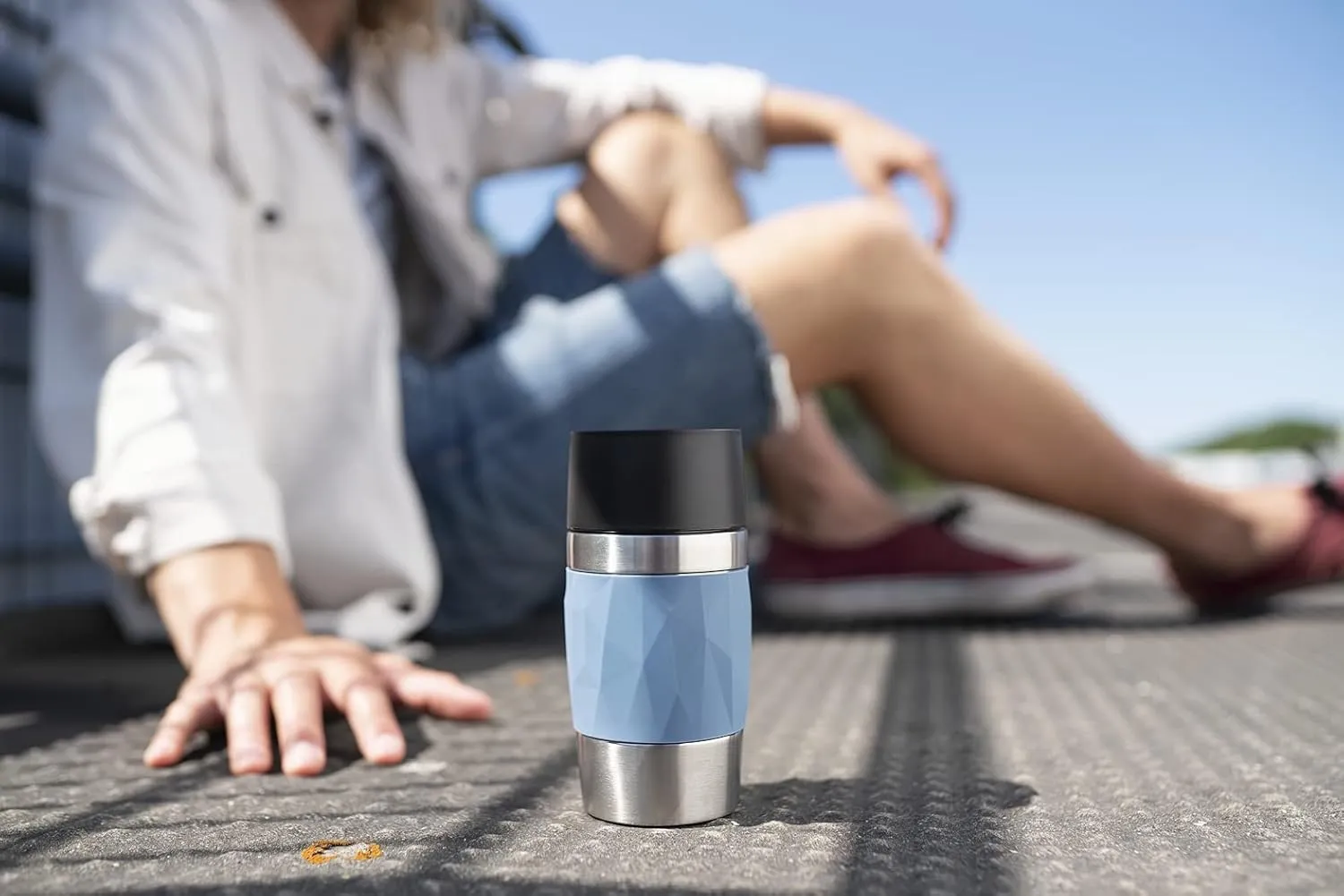 Emsa N21602 Travel Mug Compact Thermo/Insulated Stainless Steel Mug 0.3 Litres Hot 4 Hours Cold 8 Hours BPA Free 100% Leak Proof Dishwasher Safe 360° Drinking Opening Blue