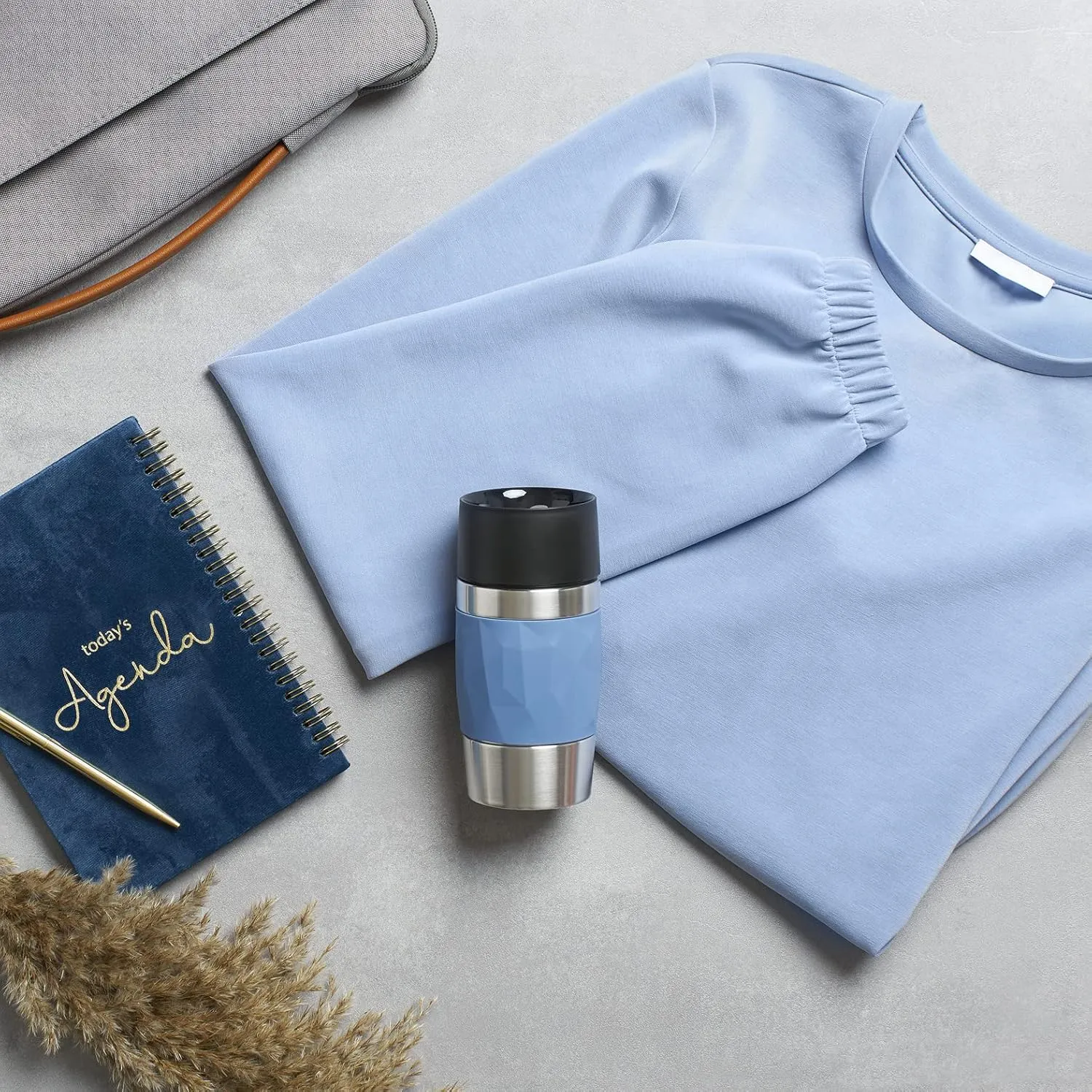 Emsa N21602 Travel Mug Compact Thermo/Insulated Stainless Steel Mug 0.3 Litres Hot 4 Hours Cold 8 Hours BPA Free 100% Leak Proof Dishwasher Safe 360° Drinking Opening Blue