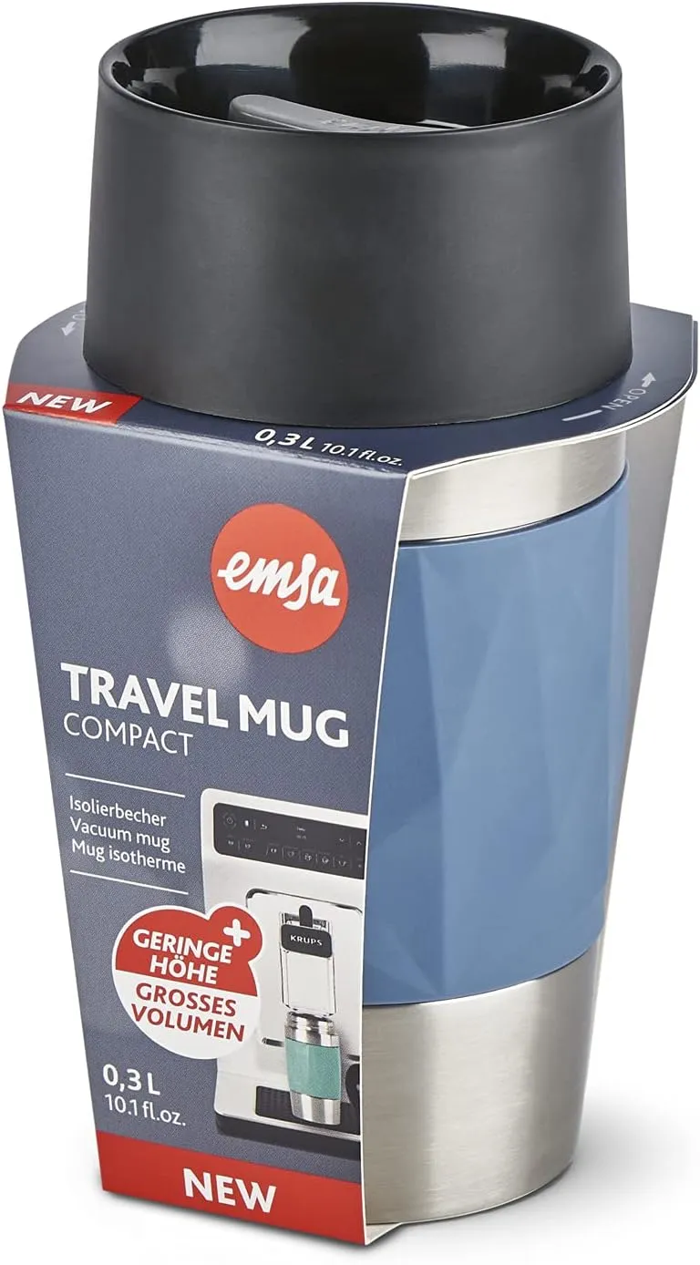 Emsa N21602 Travel Mug Compact Thermo/Insulated Stainless Steel Mug 0.3 Litres Hot 4 Hours Cold 8 Hours BPA Free 100% Leak Proof Dishwasher Safe 360° Drinking Opening Blue