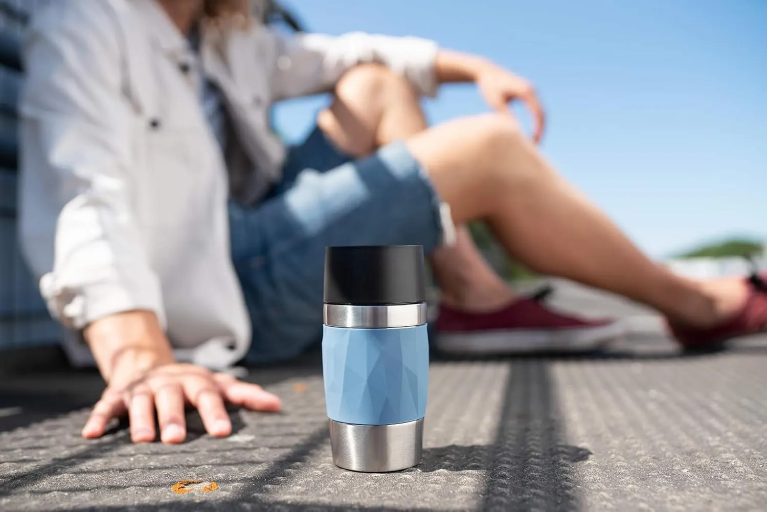 Emsa N21602 Travel Mug Compact Thermo/Insulated Stainless Steel Mug 0.3 Litres Hot 4 Hours Cold 8 Hours BPA Free 100% Leak Proof Dishwasher Safe 360° Drinking Opening Blue