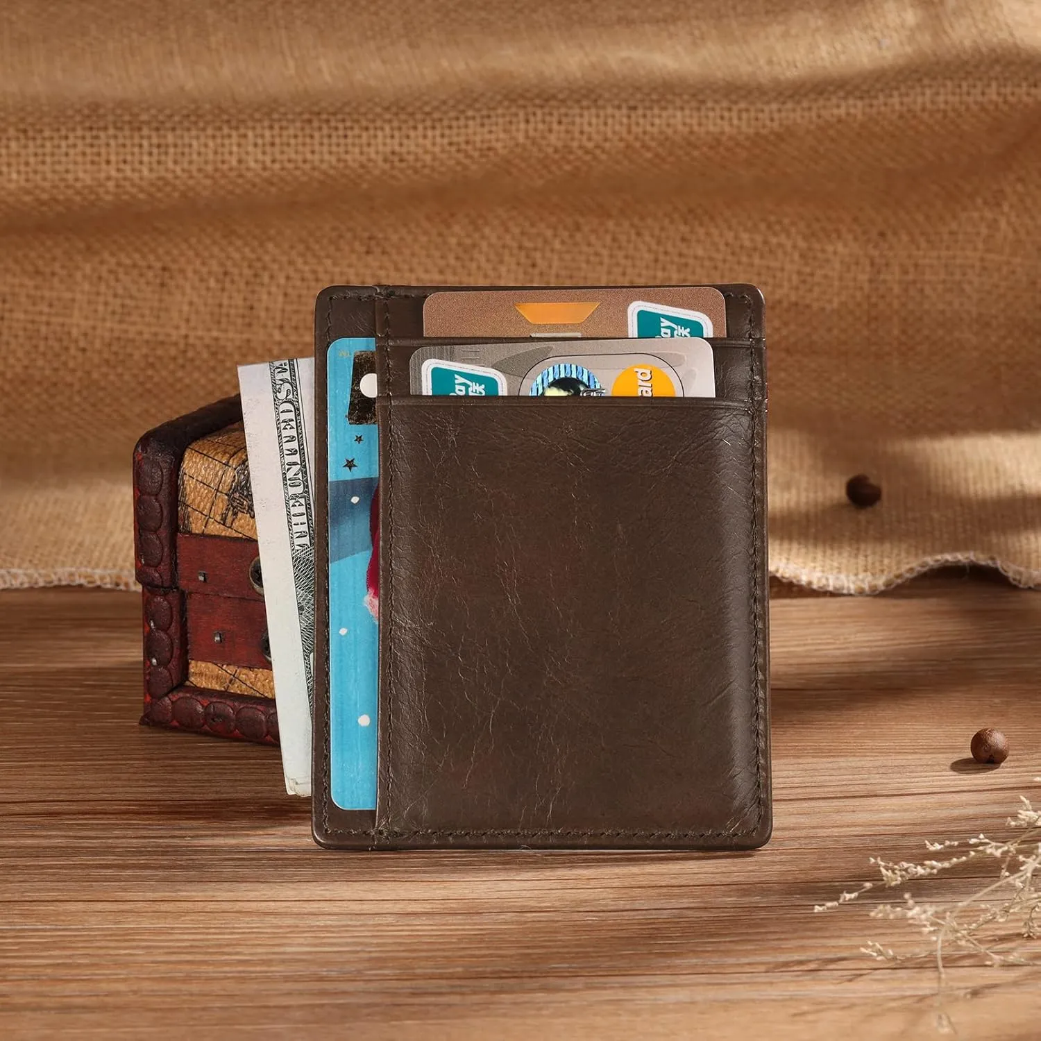 Engraved Leather Front Pocket Wallet,Custom Picture & Name Minimalist Card Case Wallet,Credit Card Holders Personalized Gifts for Women Men Dad Son