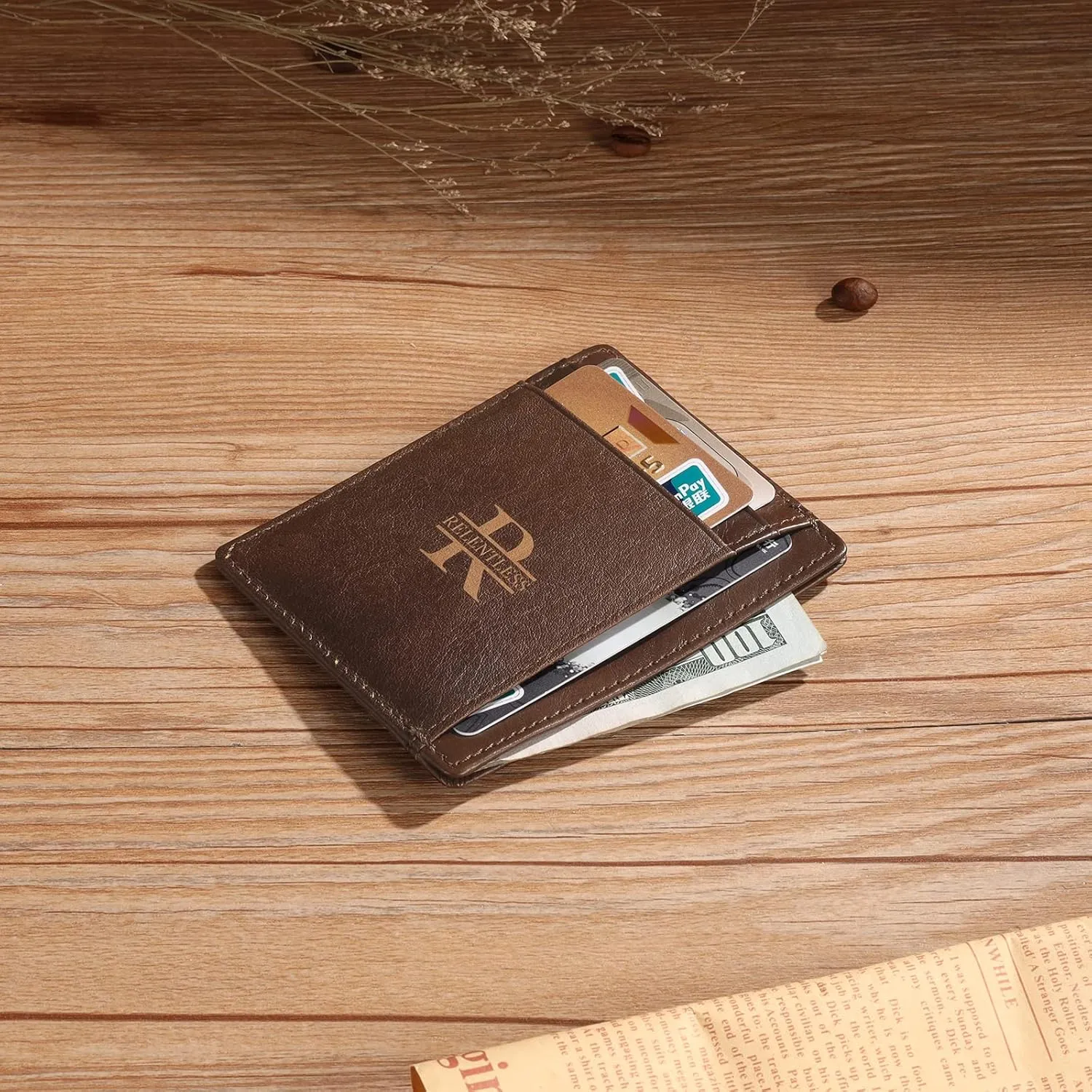 Engraved Leather Front Pocket Wallet,Custom Picture & Name Minimalist Card Case Wallet,Credit Card Holders Personalized Gifts for Women Men Dad Son