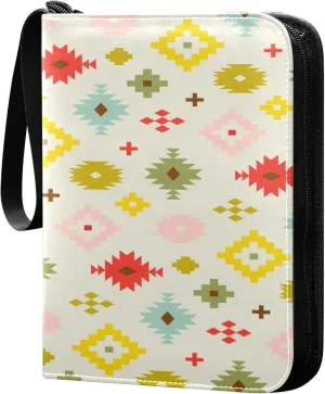 Exnundod Colorful Ehtnic Geometric Pattern Trading Card Binder for Cards, Unique Card Album 4-Pockets for 400 Cards with Removable Sleeves PU Baseball Card Holder Football Sports Card Collection