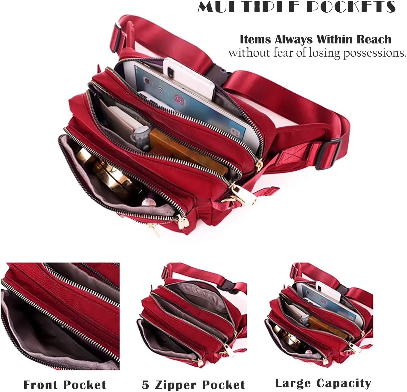 Extra Large Fashion Fanny Pack for Men Women, Waist Bag for Waterproof Hiking Running Biking Gym Outdoor Sports Travel Belt Bag (Garnet)