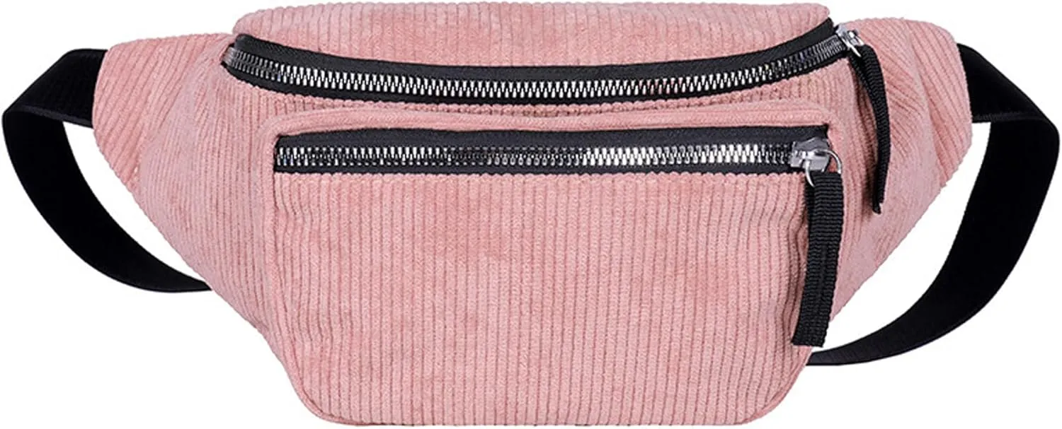 eYLun Women Fanny Pack Crossbody Bag Casual Corduroy Waist Bag Adjustable Chest Bag Waist Pack for Travel Walking Running Hiking Cycling Pink