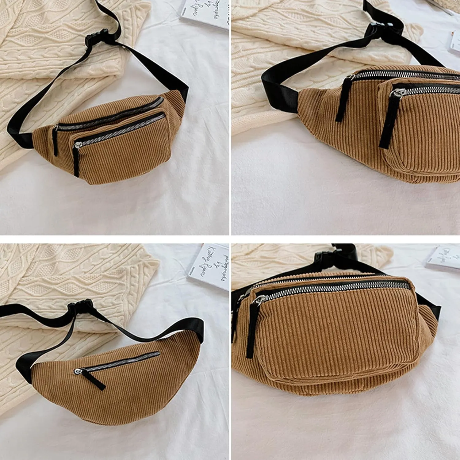 eYLun Women Fanny Pack Crossbody Bag Casual Corduroy Waist Bag Adjustable Chest Bag Waist Pack for Travel Walking Running Hiking Cycling Pink