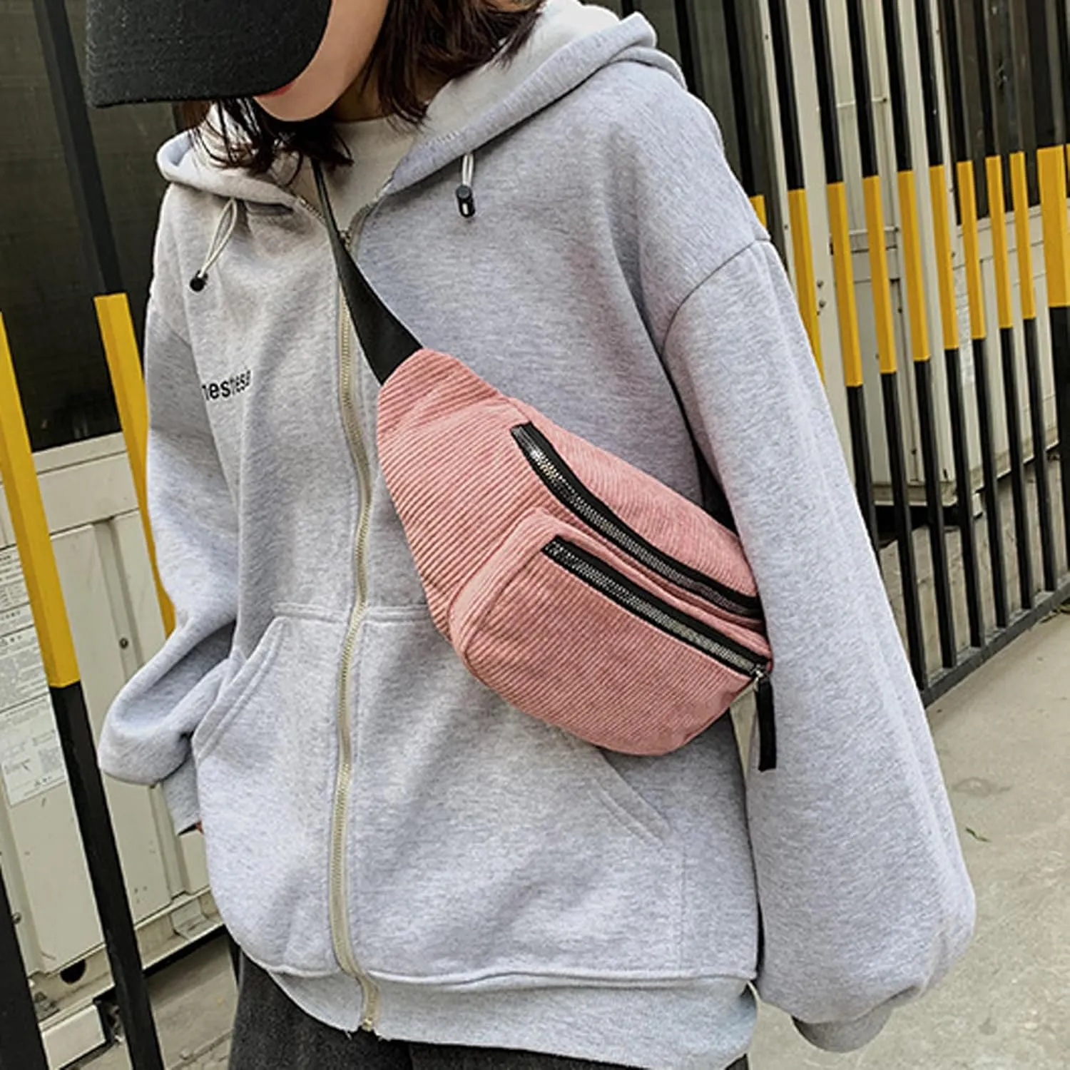 eYLun Women Fanny Pack Crossbody Bag Casual Corduroy Waist Bag Adjustable Chest Bag Waist Pack for Travel Walking Running Hiking Cycling Pink
