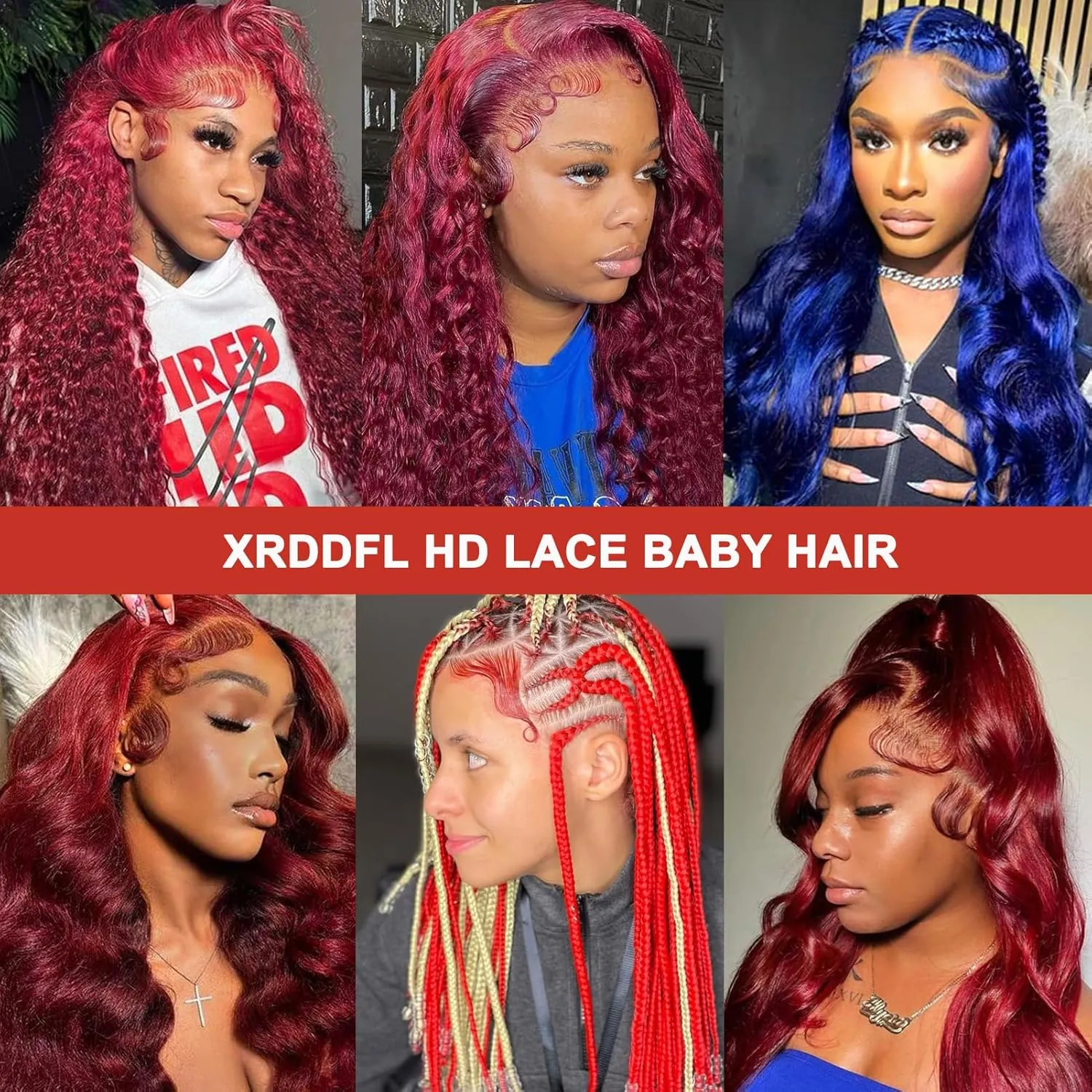 Fake Edges Real Human Hair Pieces HD Lace Front Wig - 99J Burgundy, 4 Pcs, Reusable Invisible Lace Hairline, Wine Red Colored Baby Hair Stripes