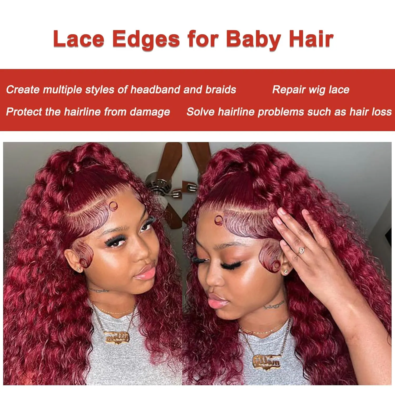 Fake Edges Real Human Hair Pieces HD Lace Front Wig - 99J Burgundy, 4 Pcs, Reusable Invisible Lace Hairline, Wine Red Colored Baby Hair Stripes