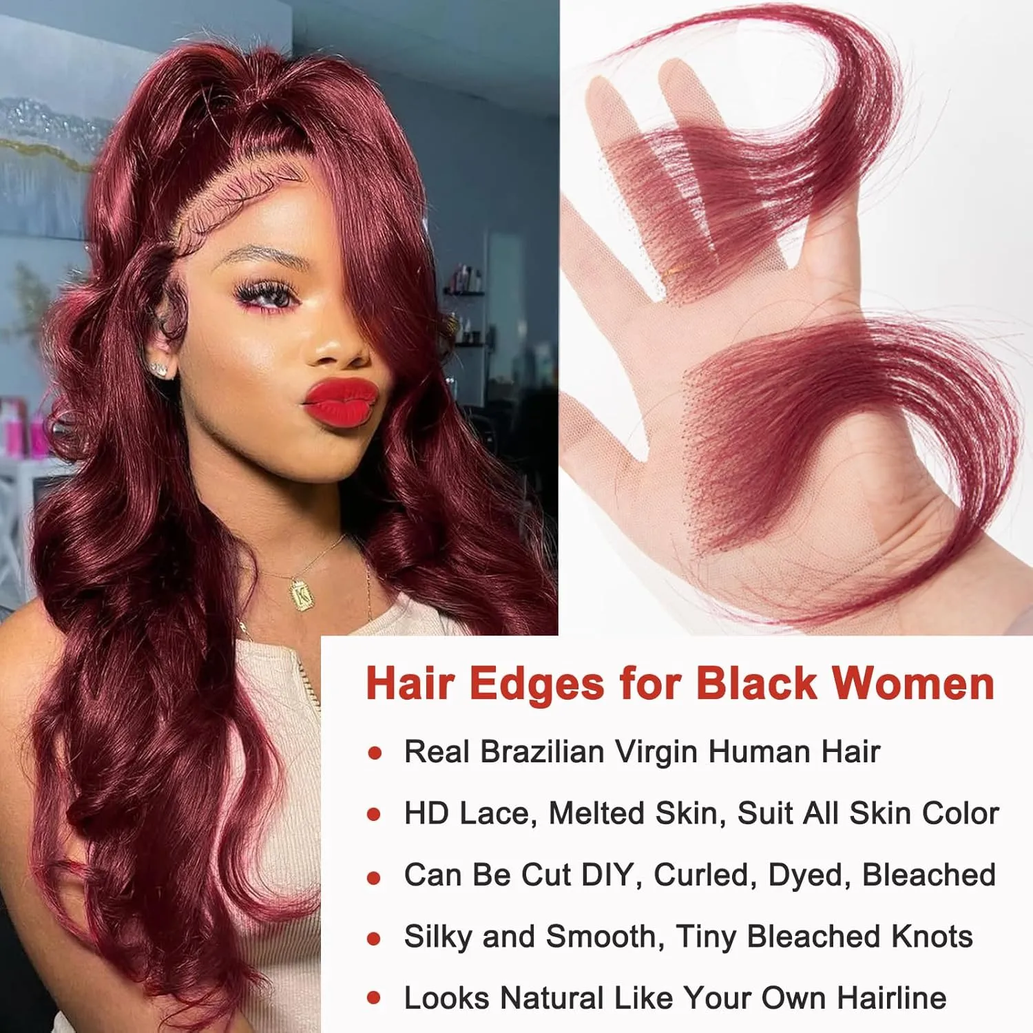 Fake Edges Real Human Hair Pieces HD Lace Front Wig - 99J Burgundy, 4 Pcs, Reusable Invisible Lace Hairline, Wine Red Colored Baby Hair Stripes