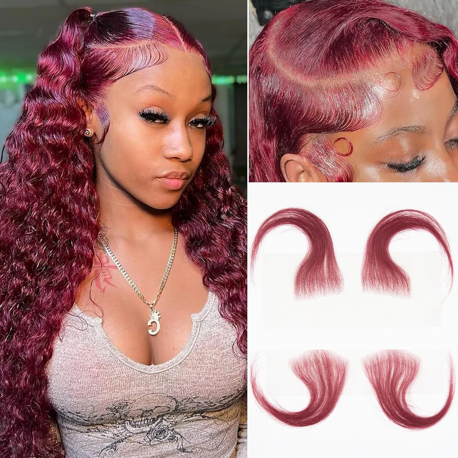 Fake Edges Real Human Hair Pieces HD Lace Front Wig - 99J Burgundy, 4 Pcs, Reusable Invisible Lace Hairline, Wine Red Colored Baby Hair Stripes