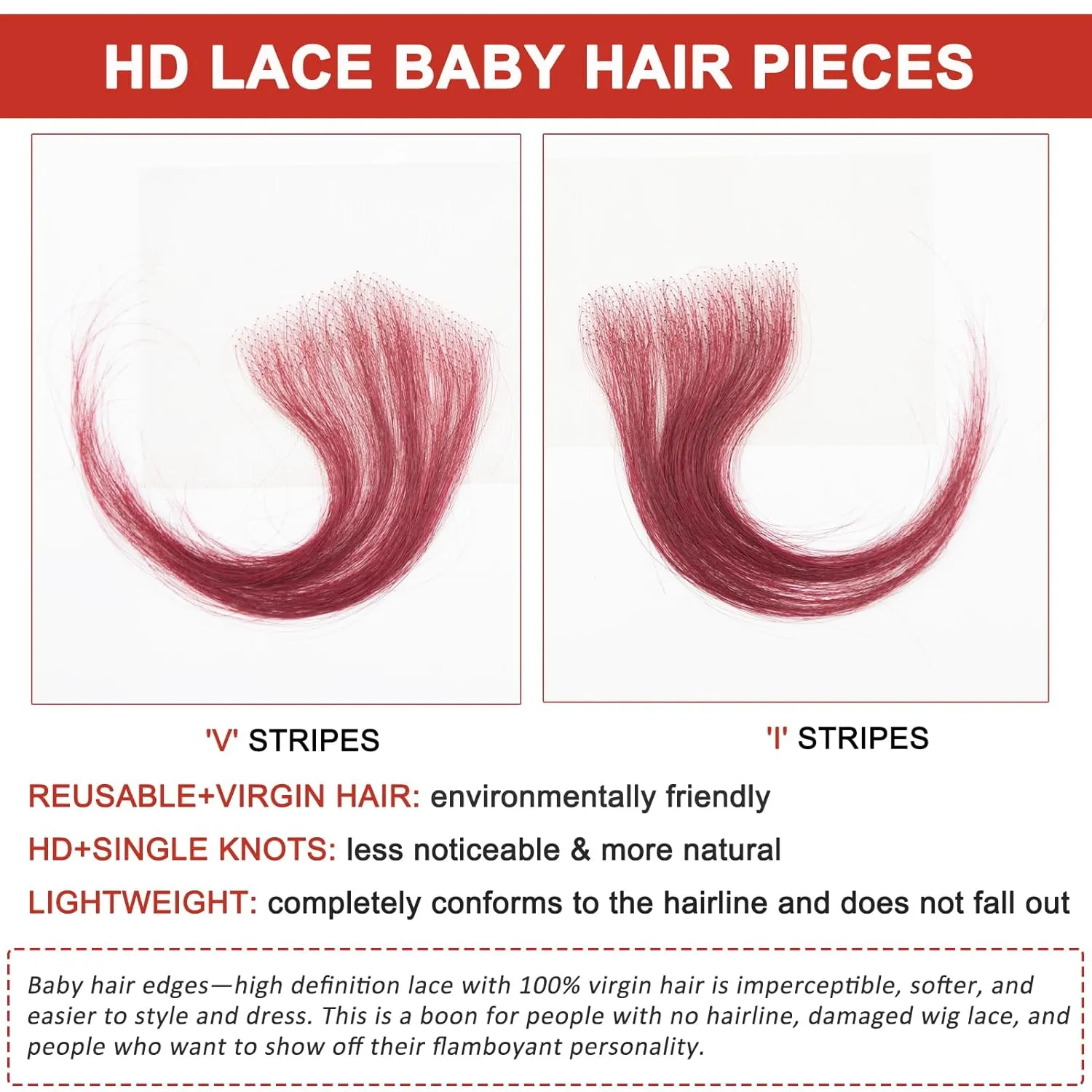 Fake Edges Real Human Hair Pieces HD Lace Front Wig - 99J Burgundy, 4 Pcs, Reusable Invisible Lace Hairline, Wine Red Colored Baby Hair Stripes