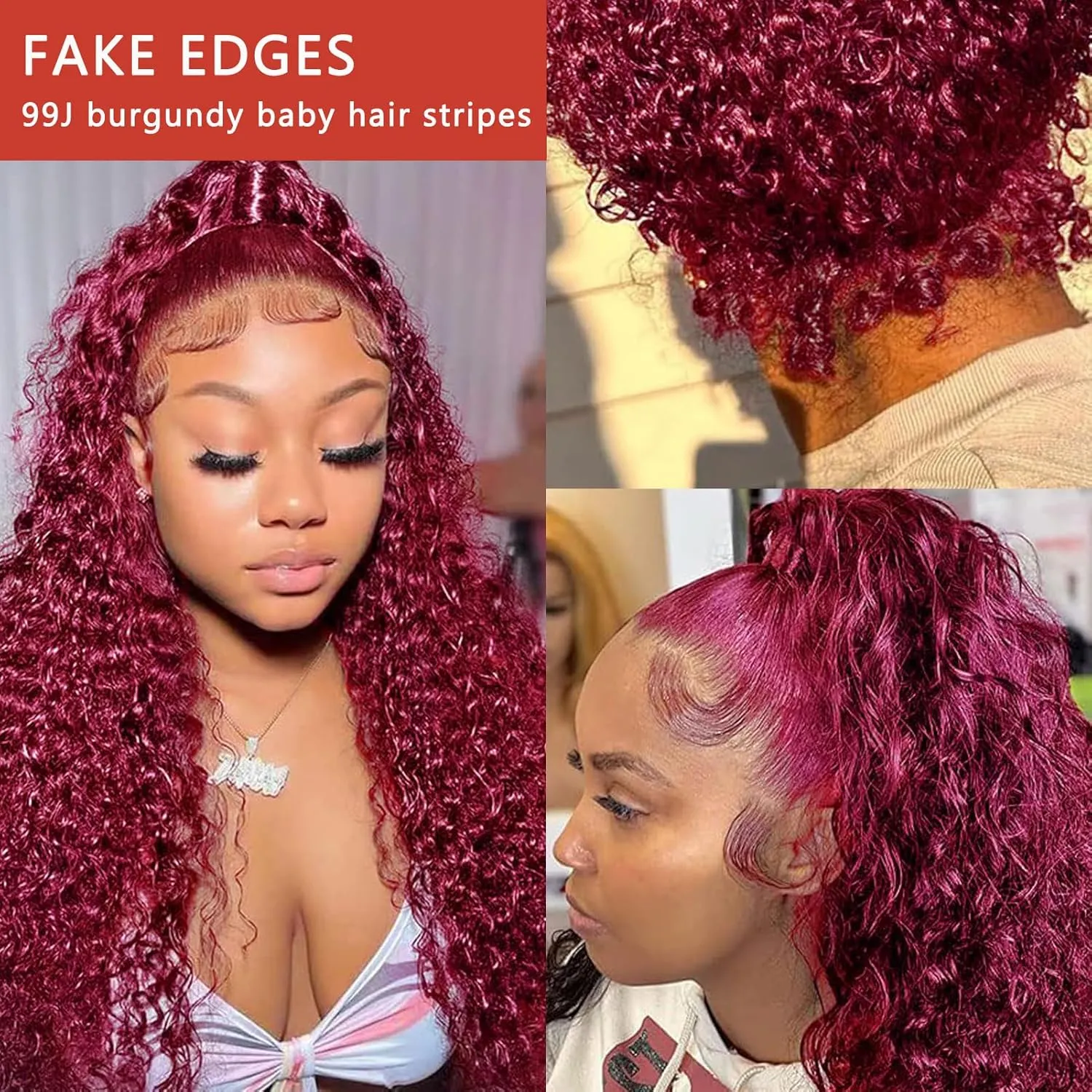 Fake Edges Real Human Hair Pieces HD Lace Front Wig - 99J Burgundy, 4 Pcs, Reusable Invisible Lace Hairline, Wine Red Colored Baby Hair Stripes