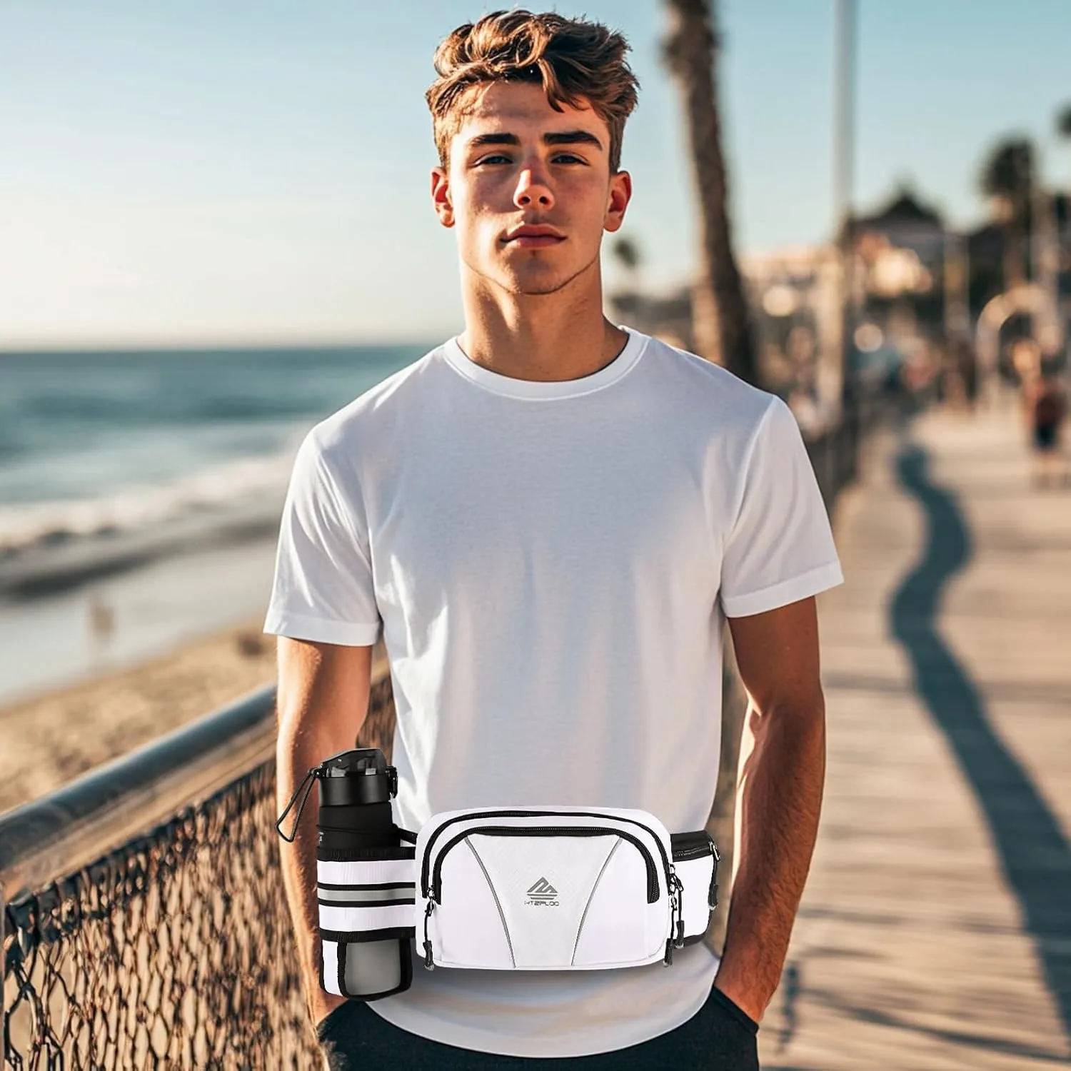 Fanny Pack for Men Women Waist Bag with Water Bottle Holder for Hiking, travel,Dog Walking, Workout,Cycling (White)