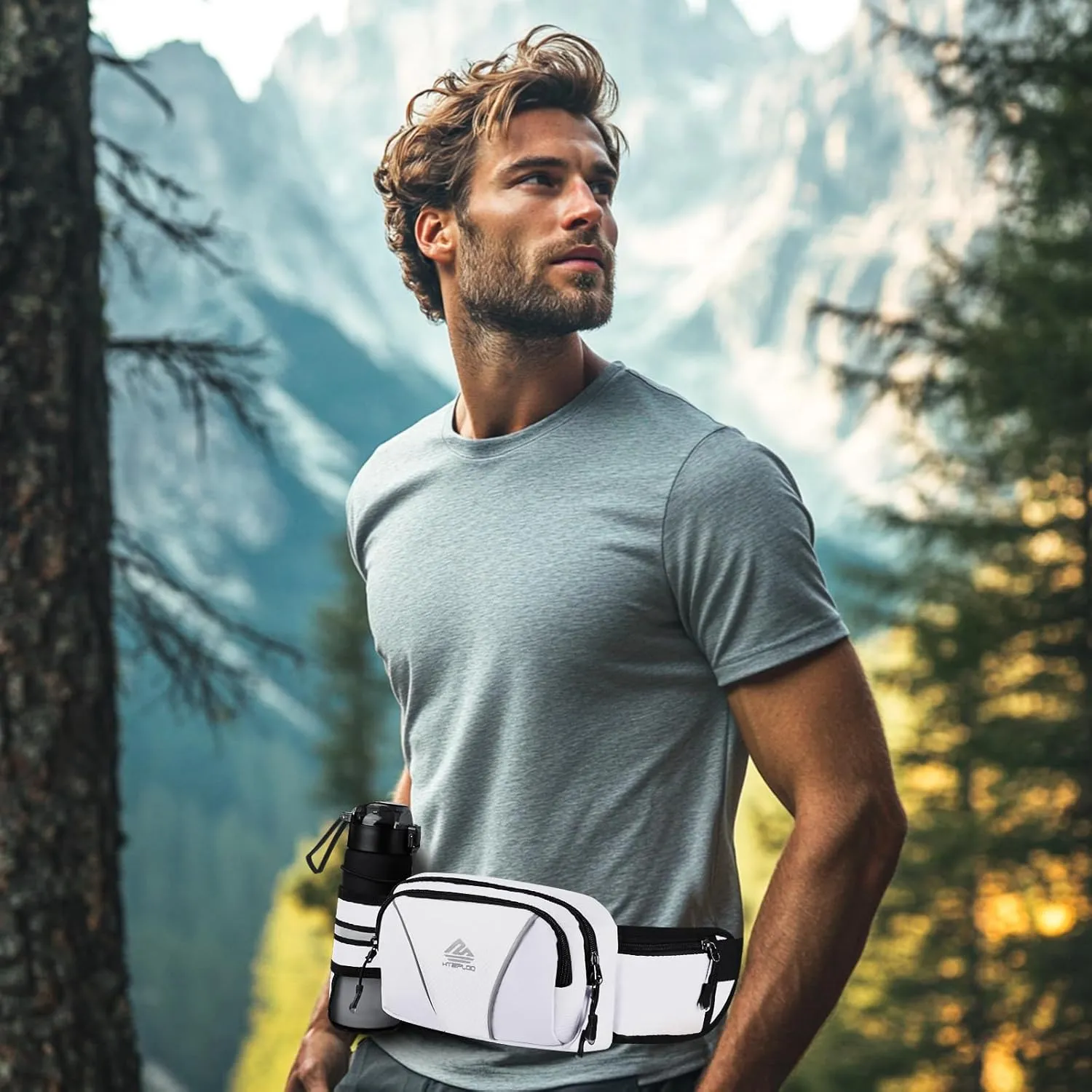 Fanny Pack for Men Women Waist Bag with Water Bottle Holder for Hiking, travel,Dog Walking, Workout,Cycling (White)