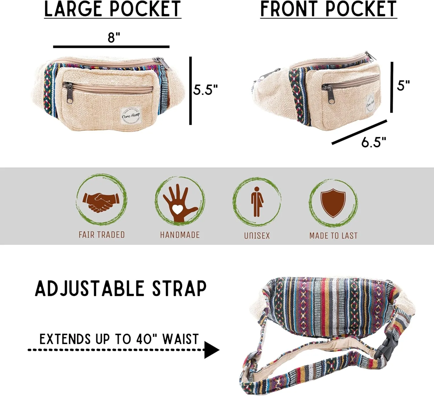 Fanny Pack for Women & Men Hemp Cross Body Fashion Waist Pack Bum Bag with Adjustable Straps Belt Bag For Running Hiking Travel