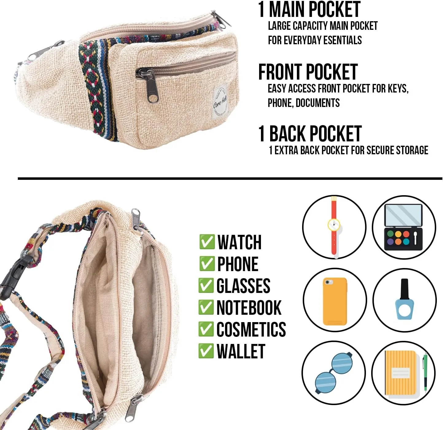 Fanny Pack for Women & Men Hemp Cross Body Fashion Waist Pack Bum Bag with Adjustable Straps Belt Bag For Running Hiking Travel