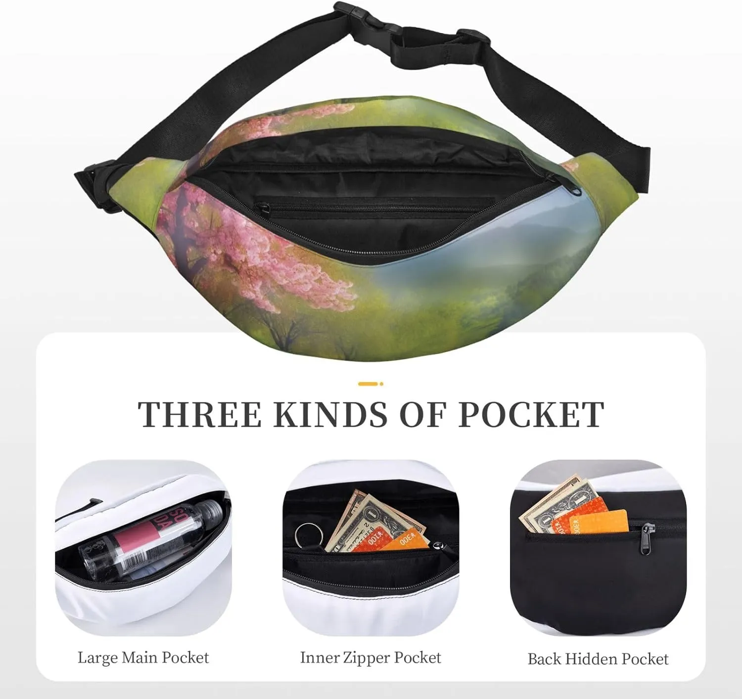 Fanny Packs For Women Men Waist Bag Waterproof Sport Belt Bag Spring Scenery Fashion Waist Pack Adjustable Crossbody Bags Zipper Bum Bag For Running Hiking Travel