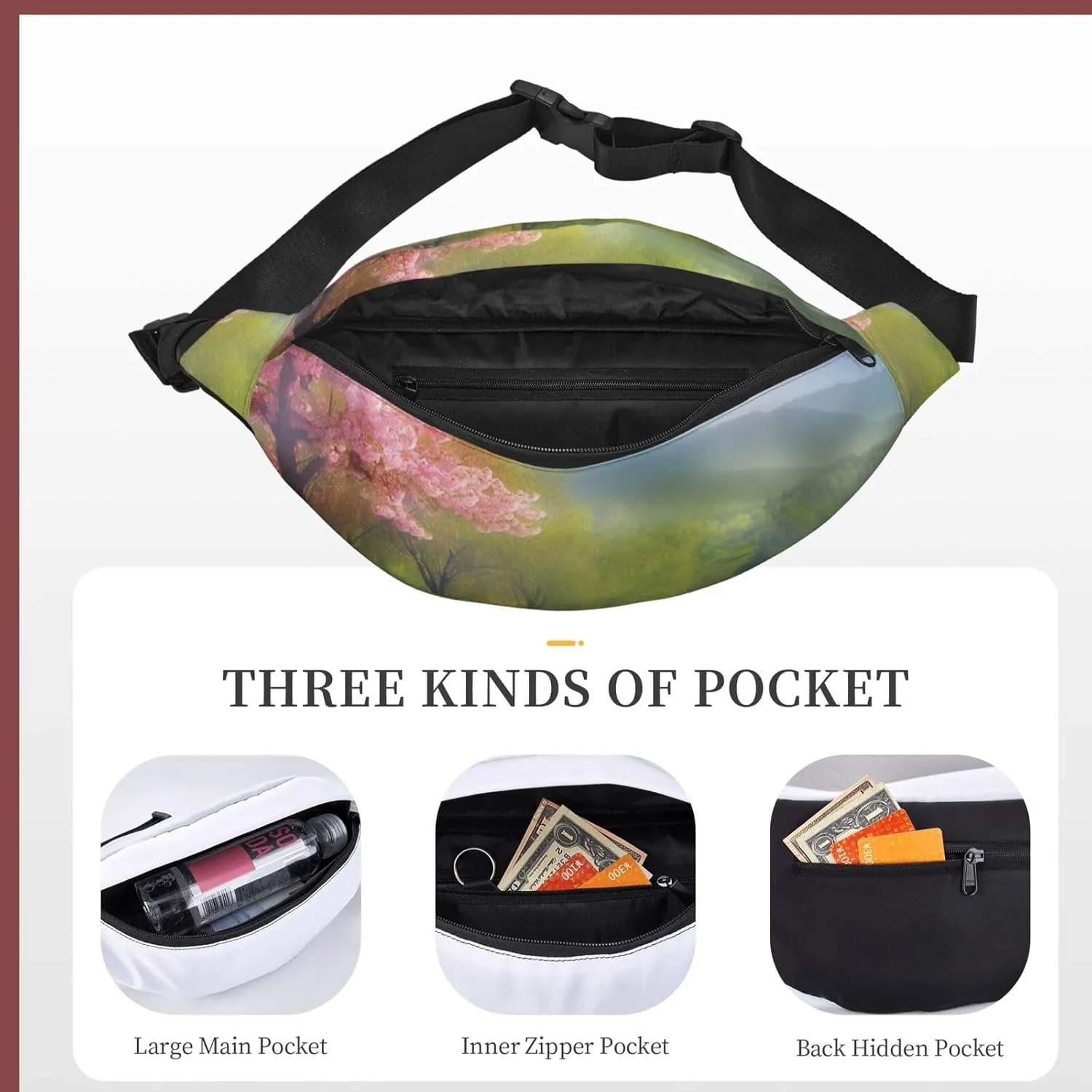 Fanny Packs For Women Men Waist Bag Waterproof Sport Belt Bag Spring Scenery Fashion Waist Pack Adjustable Crossbody Bags Zipper Bum Bag For Running Hiking Travel