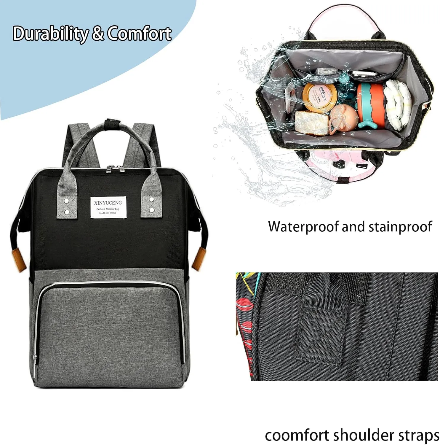 Fashion Diaper Backpack Waterproof Mommy Bag, Large Capacity Diaper Bag Travel Multi-functional Backpack Baby Boy Girl (Black 1)