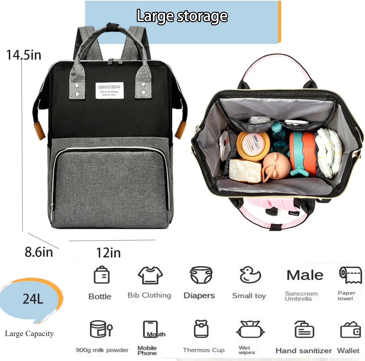 Fashion Diaper Backpack Waterproof Mommy Bag, Large Capacity Diaper Bag Travel Multi-functional Backpack Baby Boy Girl (Black 1)