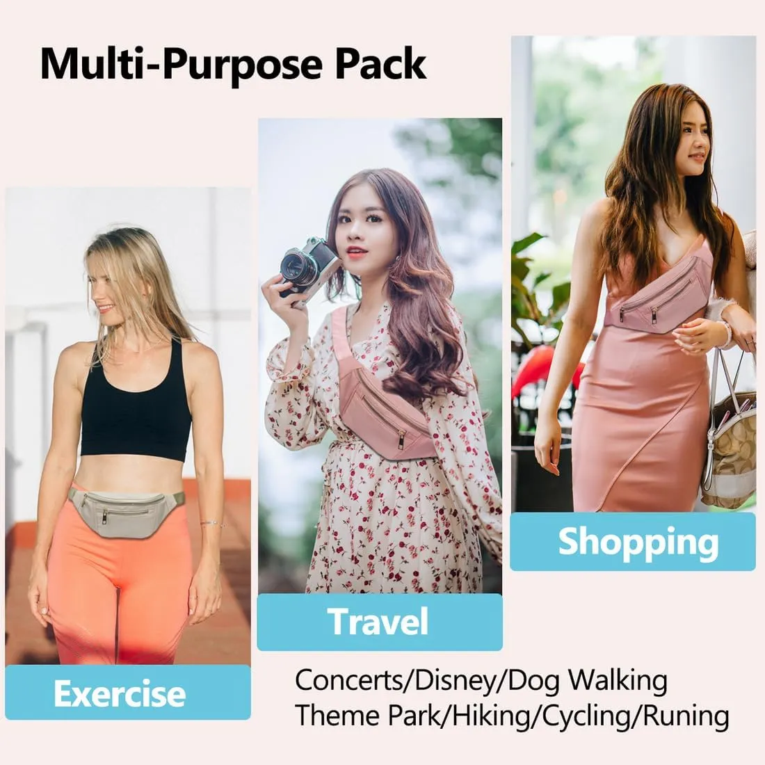 Fashionable Fanny Pack Crossbody for Women,Waist Bag Pack,Belt Bag for Travel Walking Running Hiking Cycling,Easy Carry Any Phone,Wallet (Beige,Gold zipper)