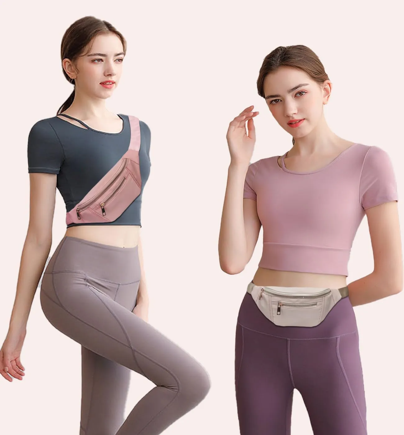 Fashionable Fanny Pack Crossbody for Women,Waist Bag Pack,Belt Bag for Travel Walking Running Hiking Cycling,Easy Carry Any Phone,Wallet (Beige,Gold zipper)